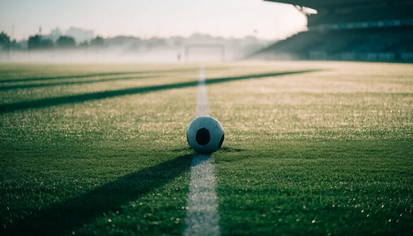 Ein einzelner Fussball liegt auf dem Anstosspunkt eines leeren Rasenplatzes am frühen Morgen, Tau glitzert auf dem Gras, die Tribüne liegt im Dunst.
