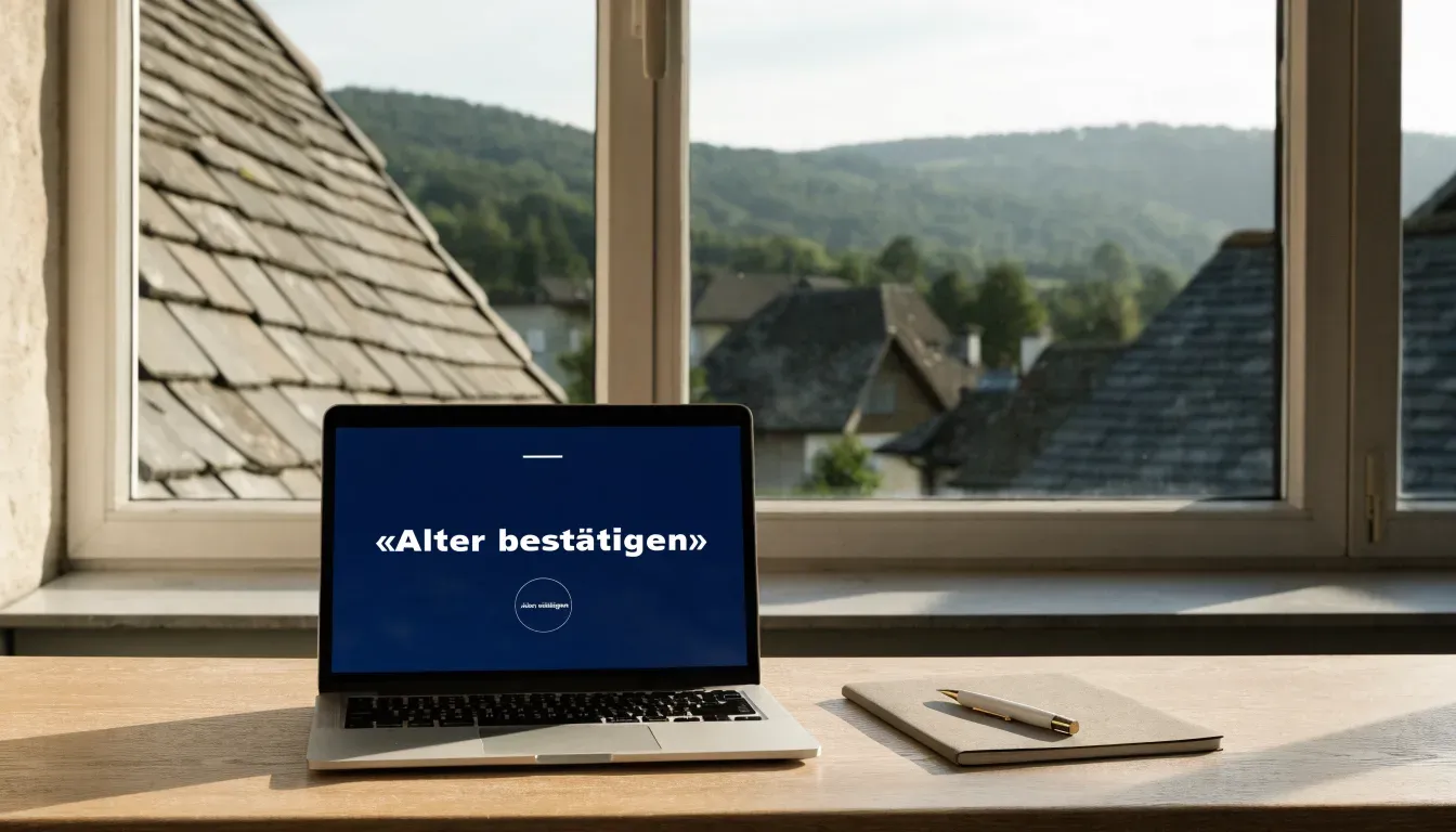 Eine Waage aus Messing steht auf einem polierten Schreibtisch vor einem Fenster mit Blick auf Dächer und sanfte Hügel.