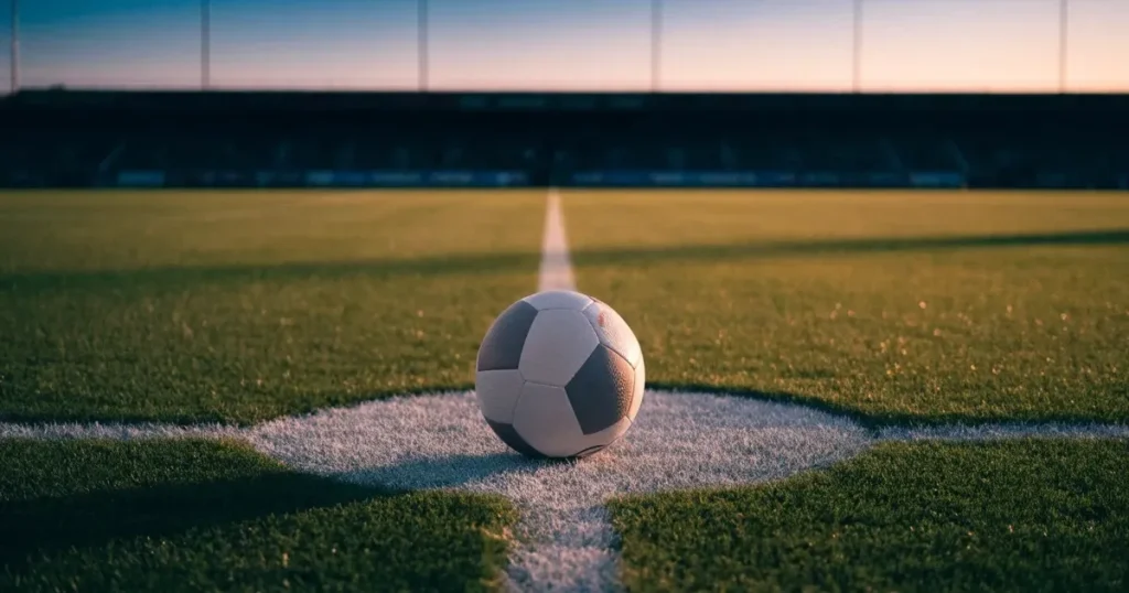 Ein Fussball liegt auf dem Mittelkreis eines Rasenfelds, die weissen Linien kreuzen sich auf dem gepflegten Gras im warmen Abendlicht.