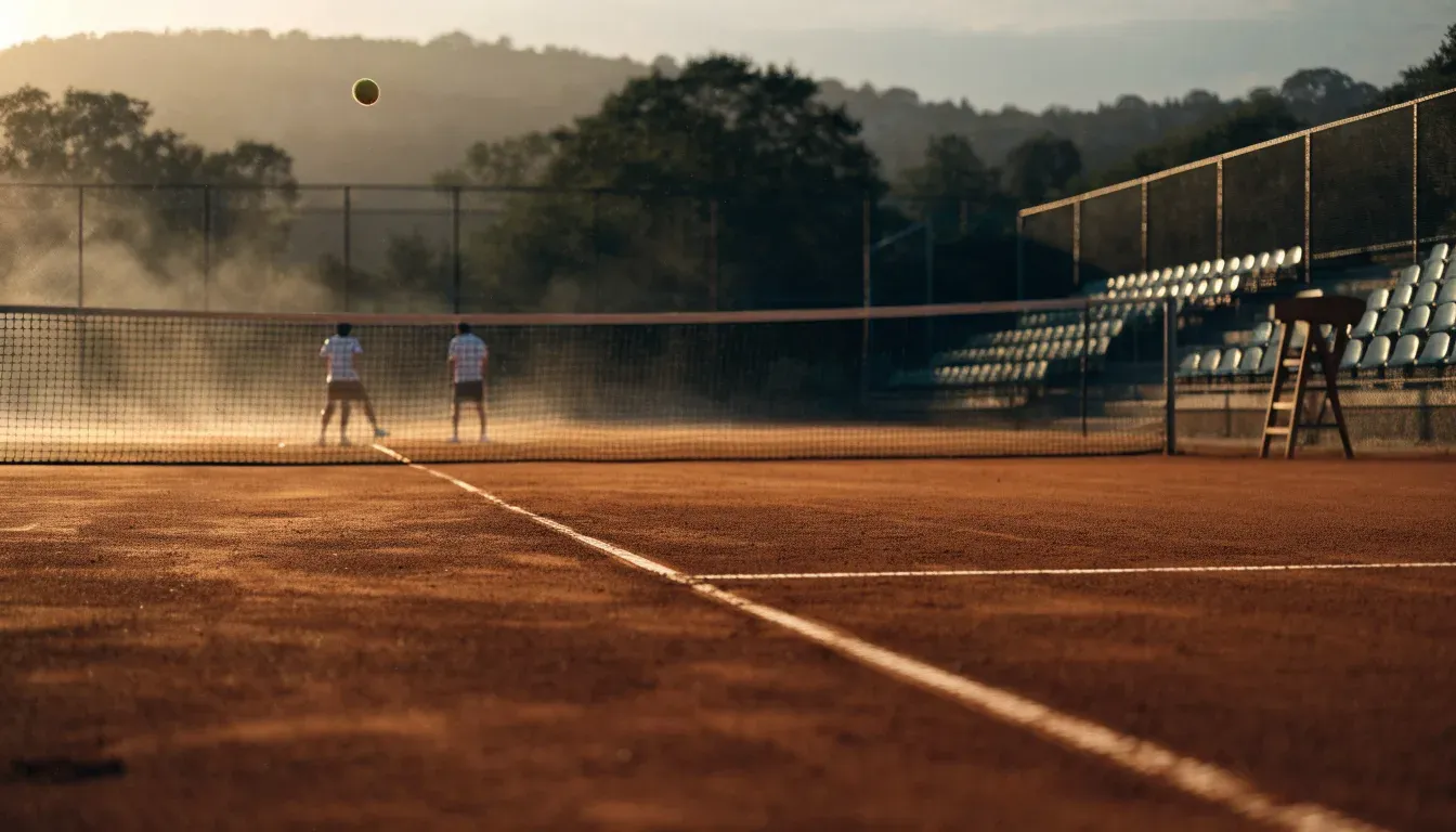 Ein Tennisplatz bei Sonnenaufgang, die Linien frisch gezogen, das Netz in der Mitte und Nebel über dem Boden.