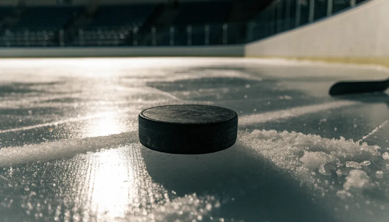 Ein Eishockeypuck liegt auf dem Eis, im Hintergrund unscharf die Bande unter hellem Hallenlicht.