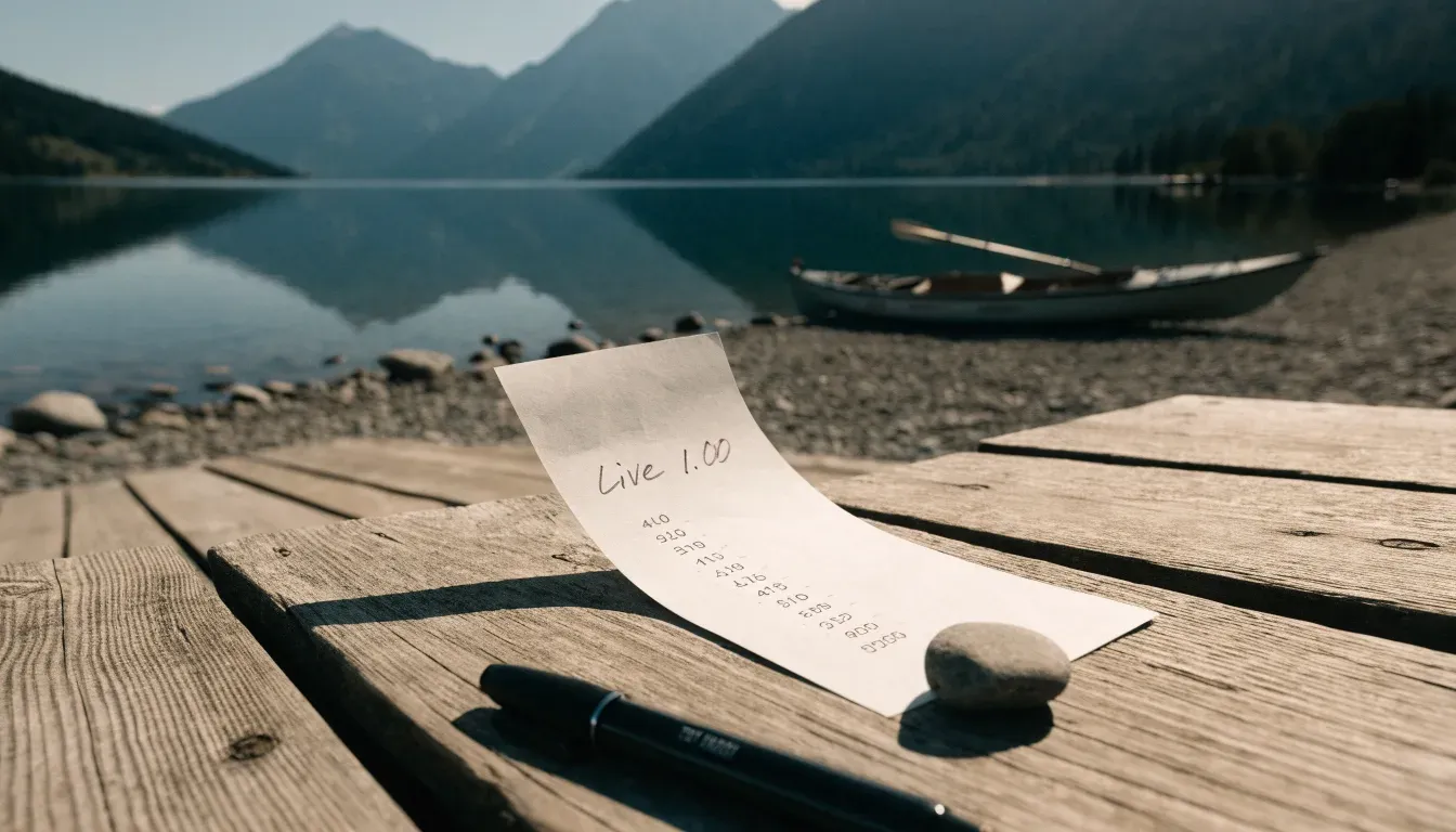 Ein Kajak liegt am Ufer eines Bergsees, daneben ein Paddel, das Wasser ist glatt und der Himmel klar.