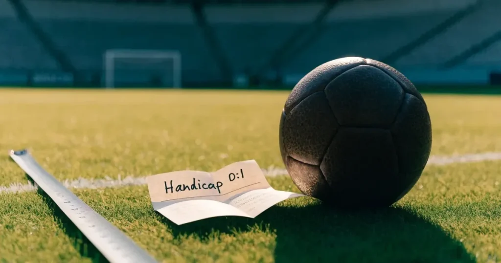 Ein Fussball und ein Massband liegen auf kurz geschnittenem Rasen neben einer Kreidelinie, Morgenlicht von der Seite.