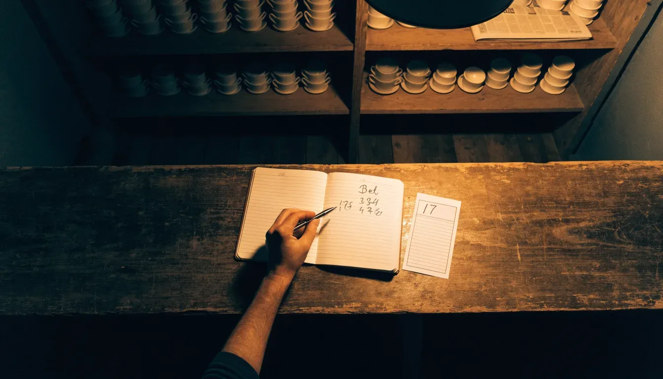 Ein alter Holztresen mit einem Notizbuch und einem Taschenrechner in warmem Lampenlicht, Regale im Hintergrund.
