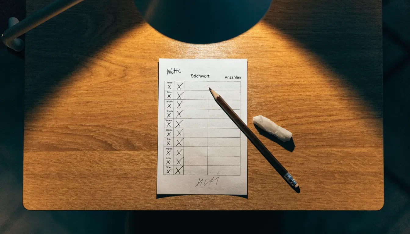 Ein Bleistift und ein Radiergummi liegen auf einem kleinen Stapel Notizzettel, gelbes Licht einer Schreibtischlampe.
