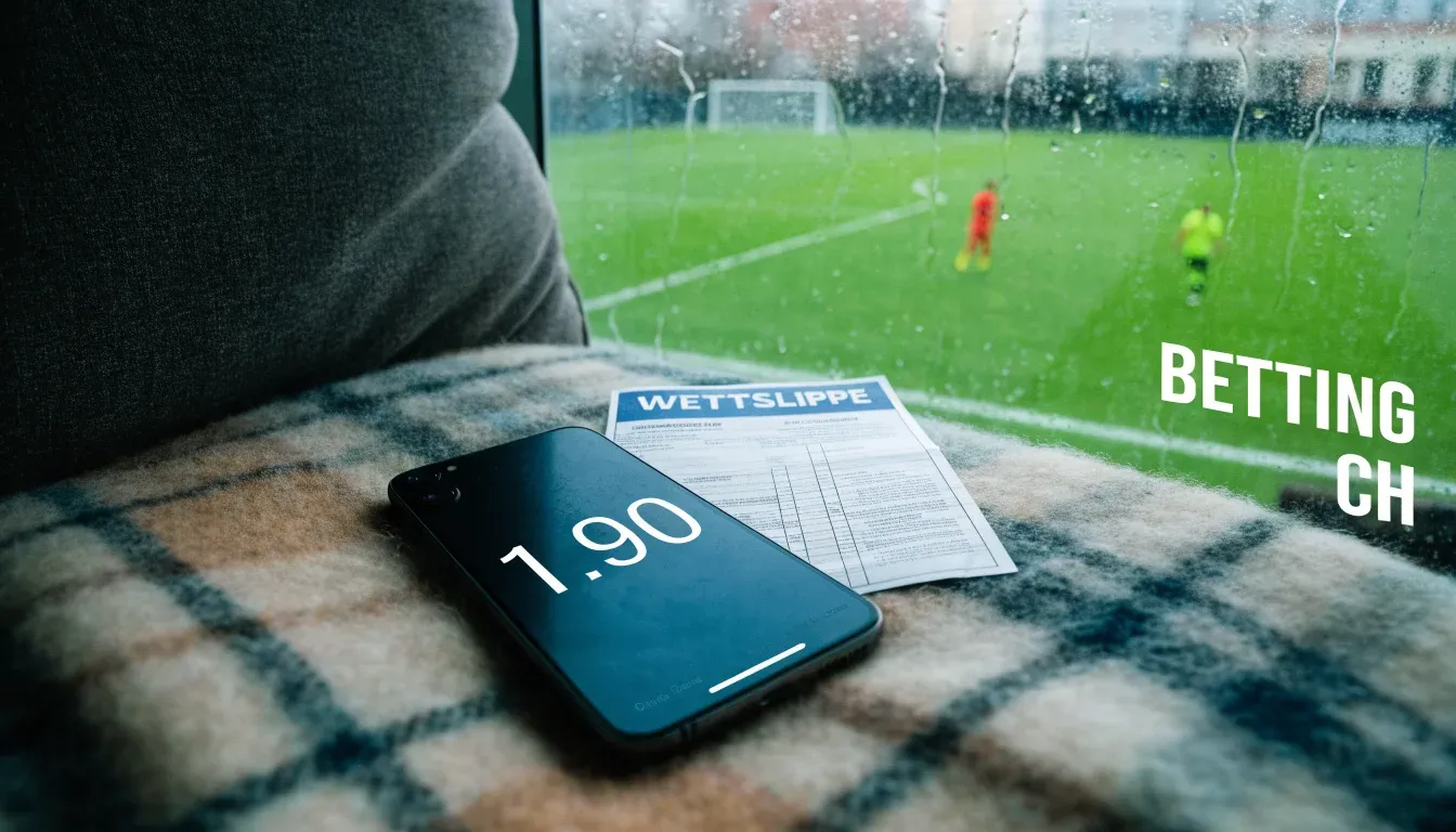 Ein Sofa mit Wolldecke steht vor einem grossen Fenster, draussen Regen und in der Ferne ein Fussballplatz.