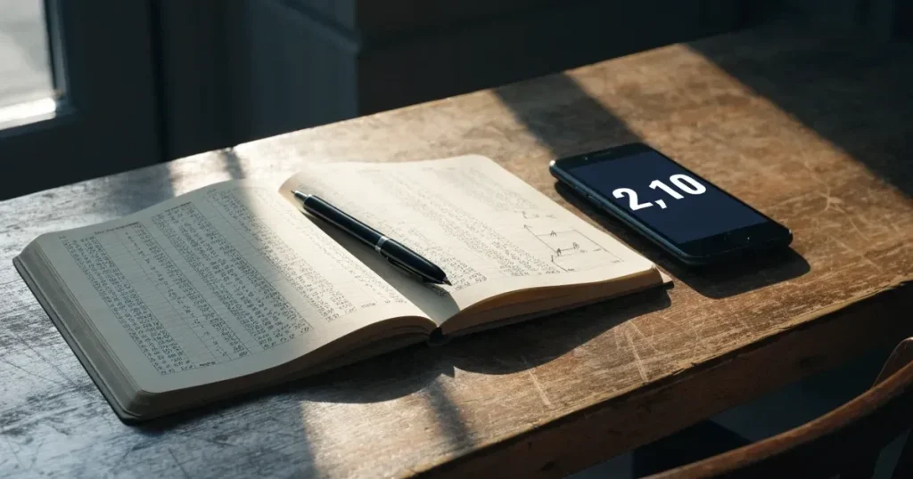 Ein aufgeschlagenes Notizbuch mit handschriftlichen Notizen und Skizzen liegt neben einer Stoppuhr auf einem Holztisch.
