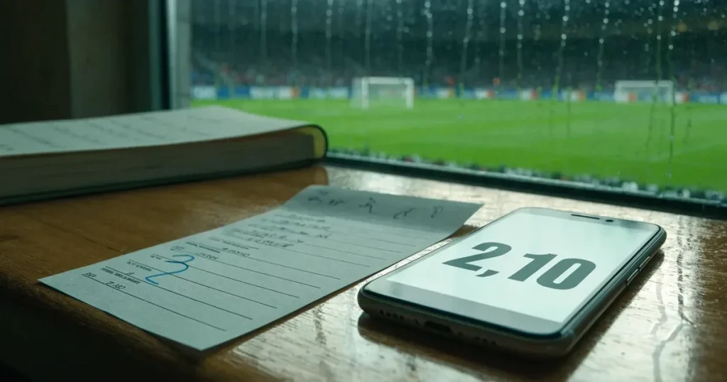 Ein Wetterbarometer hängt an einer Holzwand neben einem Fenster, draussen liegt ein nasser Fussballplatz im Regen.
