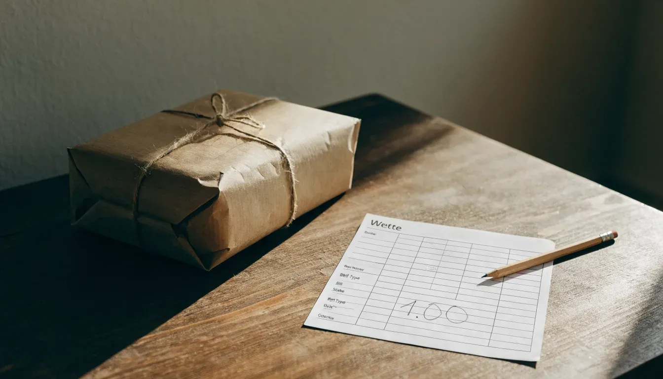 Ein kleines Päckchen in Packpapier mit Schnur liegt auf einem Holztisch, daneben ein Tannenzweig.
