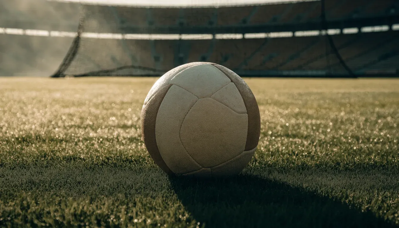 Ein Fussball liegt auf dem Anstosspunkt eines leeren Rasenplatzes im frühen Morgenlicht, dahinter erhebt sich eine menschenleere Tribüne.