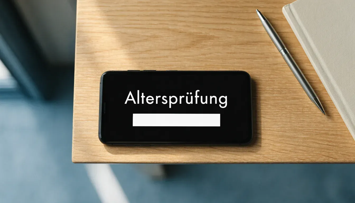 Eine Waage aus Messing steht auf einem polierten Schreibtisch in einem hellen Büro, durch das Fenster sind ferne Berge zu sehen.