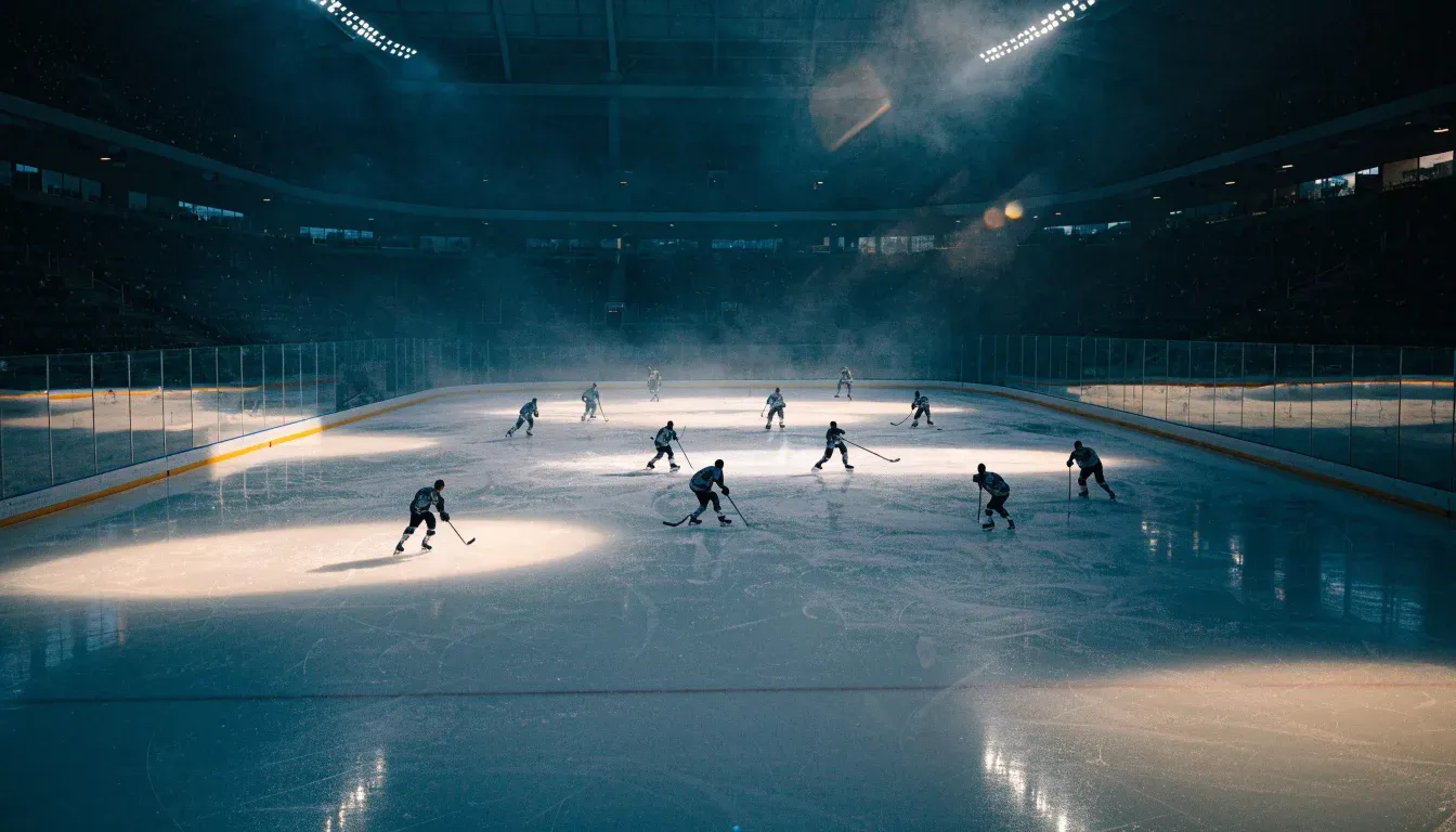 Ein grosses Eisstadion aus der Ferne gesehen, hell erleuchtet von Flutlicht in der Abenddämmerung, davor eine leere Strasse.