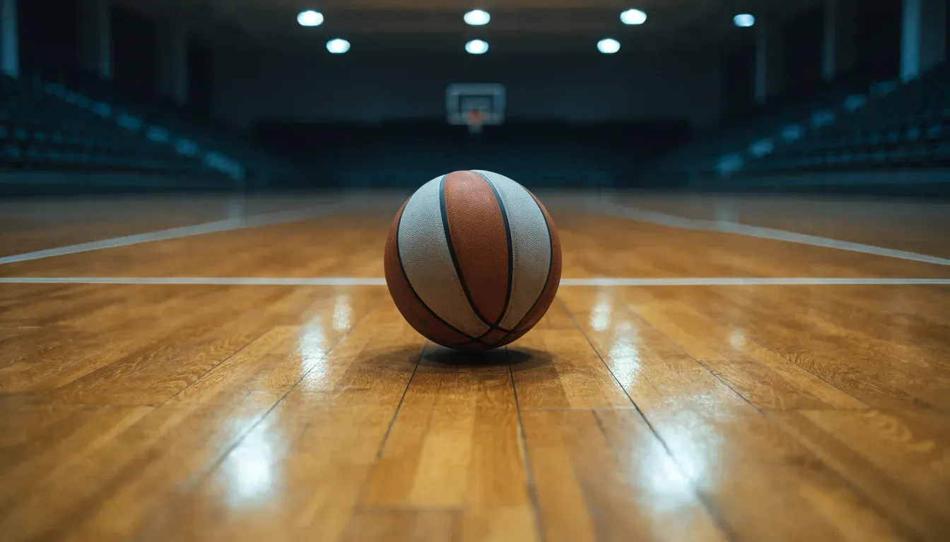 Ein Basketball liegt auf dem Parkett einer leeren Halle, von den Deckenlampen fällt gleichmässiges Licht auf den Boden.