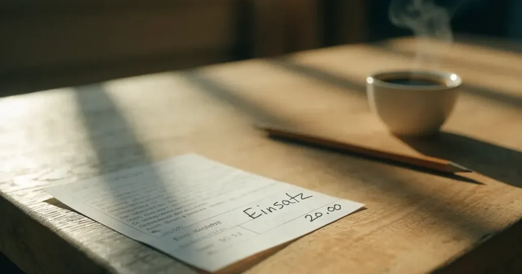 Ein leerer Wettschein aus Papier liegt auf einem Holztisch neben einem Bleistift und einem Kaffeebecher.