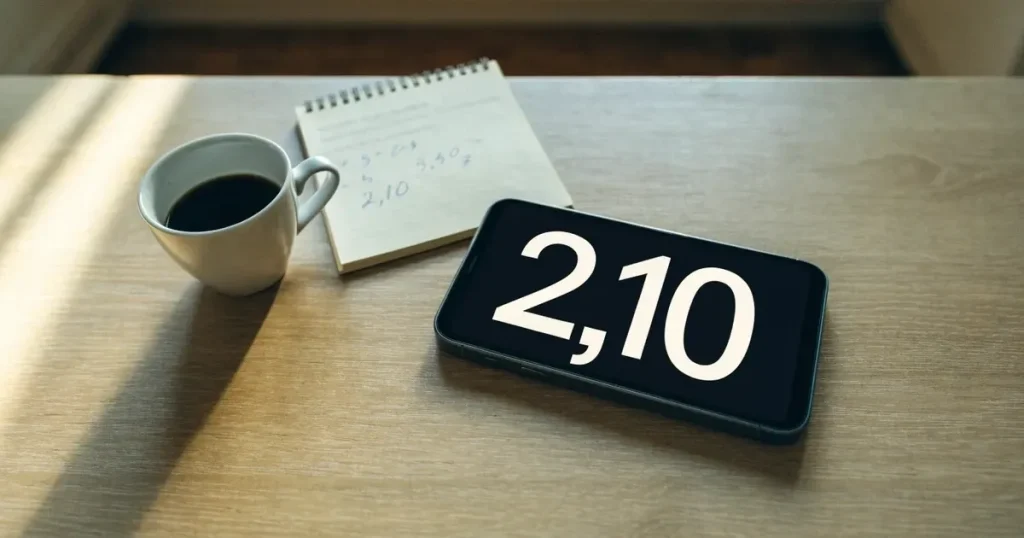 Ein Smartphone mit dunklem Display liegt neben einer Kaffeetasse auf einem hellen Tisch, daneben ein Notizblock.