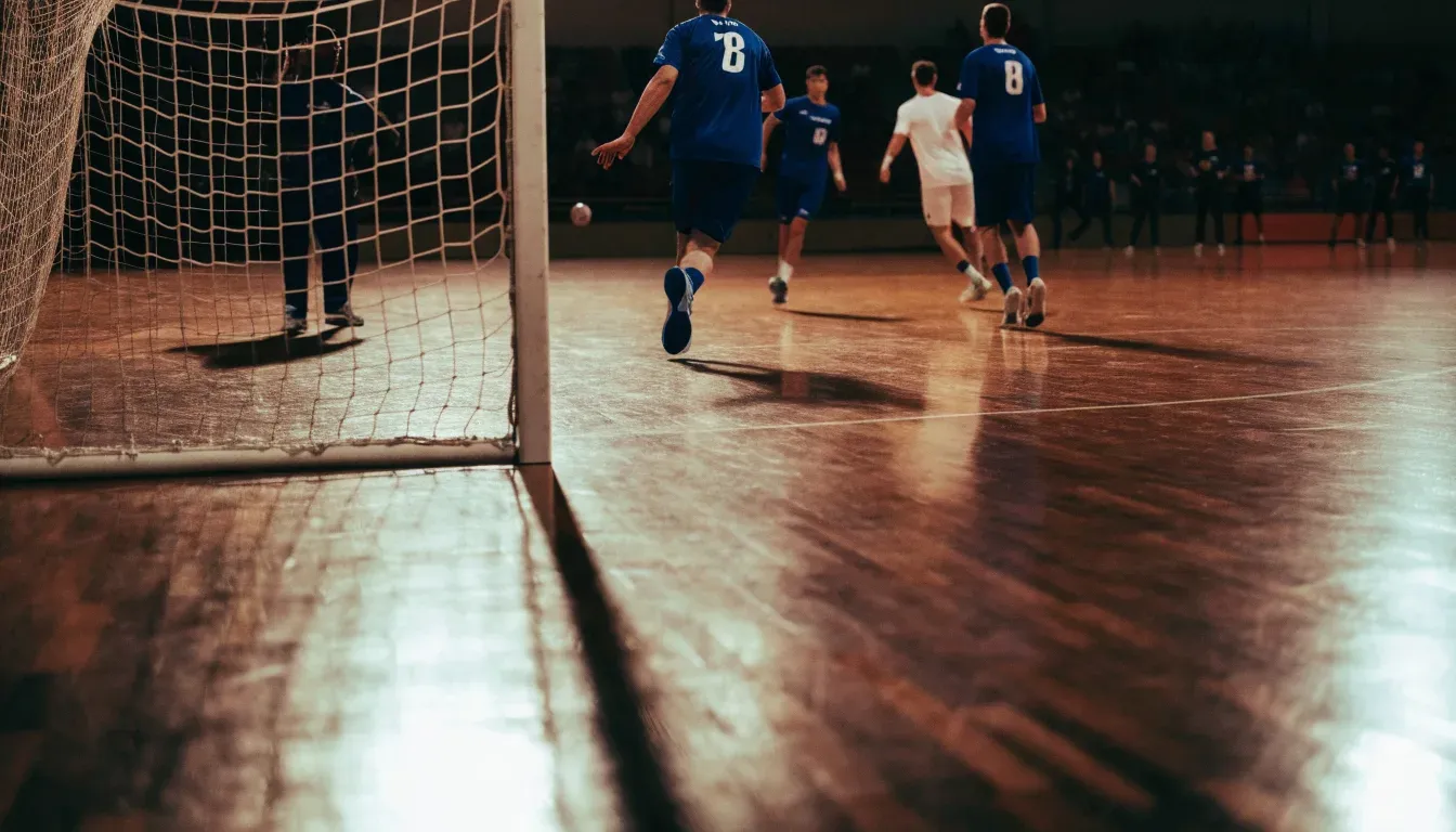 Ein Handballtor in einer leeren Sporthalle, der Ball liegt im Torraum und das Hallenlicht spiegelt sich im Parkett.