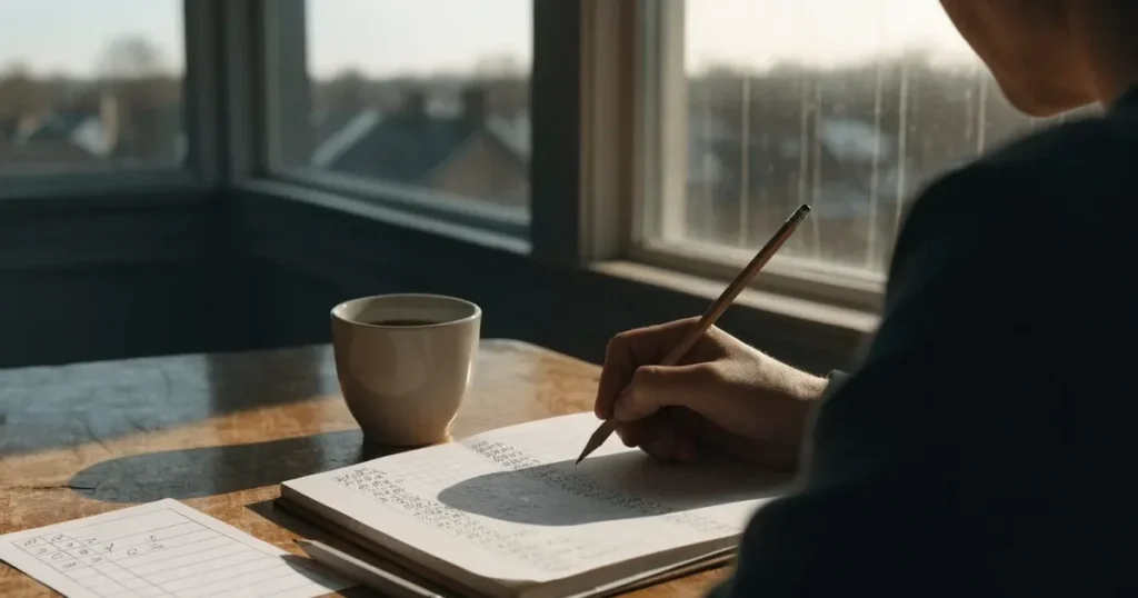 Ein Taschenrechner und ein Bleistift liegen auf kariertem Papier neben einer Tasse Kaffee, ein Fensterplatz mit Tageslicht.
