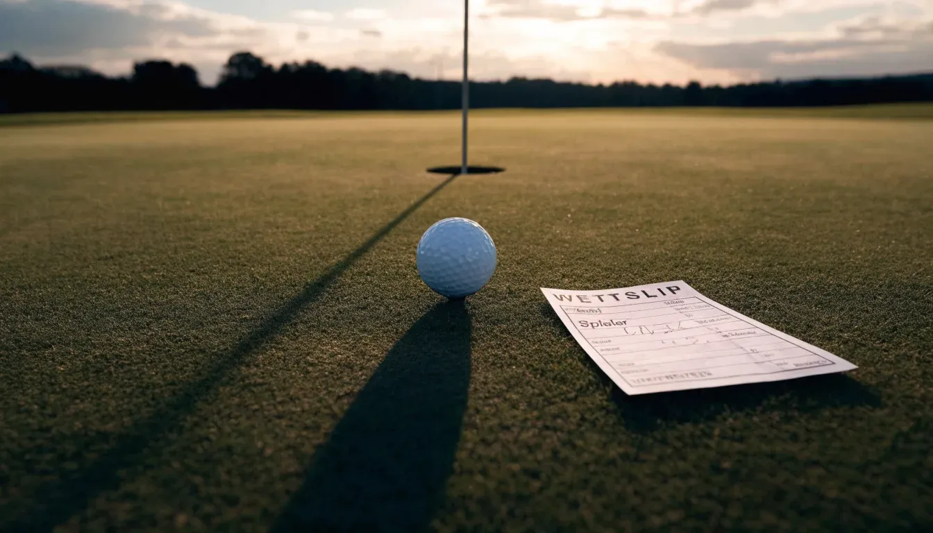 Ein Golfball liegt auf einem gepflegten Grün nahe am Loch, im goldenen Licht der Abendsonne.