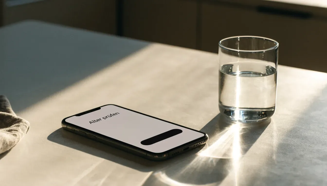 Ein geschlossener Laptop steht neben einem Glas Wasser auf einem Küchentisch im Licht des frühen Morgens.