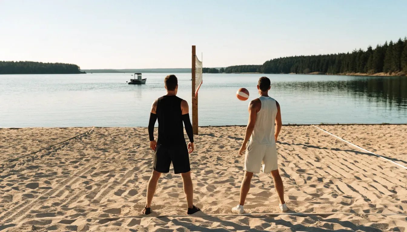 Ein Volleyball liegt im Sand eines Spielfelds am Seeufer, im Hintergrund gleitet ein Boot über das Wasser.