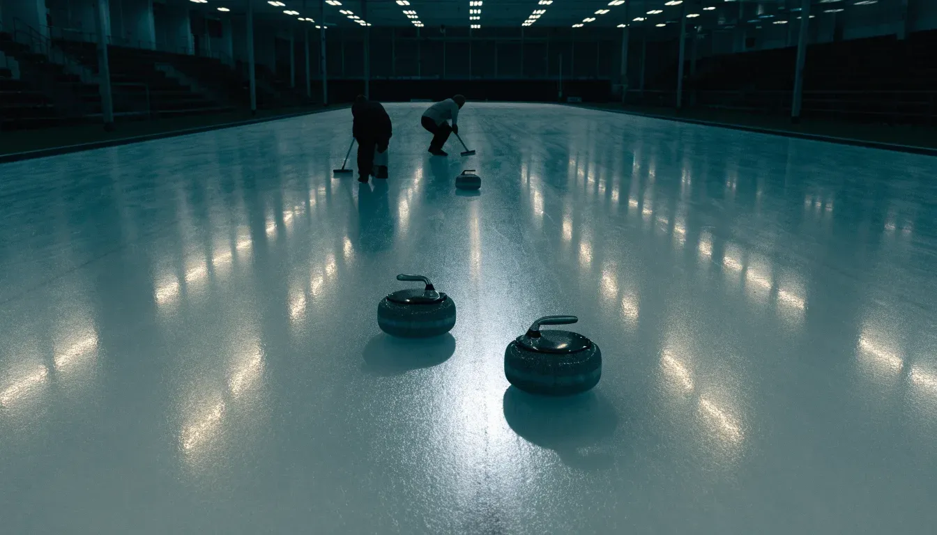 Mehrere Curlingsteine liegen auf einer glatten Eisfläche in einer leeren Halle, Deckenlicht spiegelt sich im Eis.