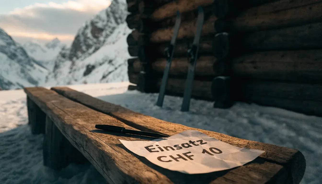 Ein Paar Ski steckt aufrecht im Schnee vor einer Berghütte, im Hintergrund färbt der Sonnenaufgang die Gipfel.
