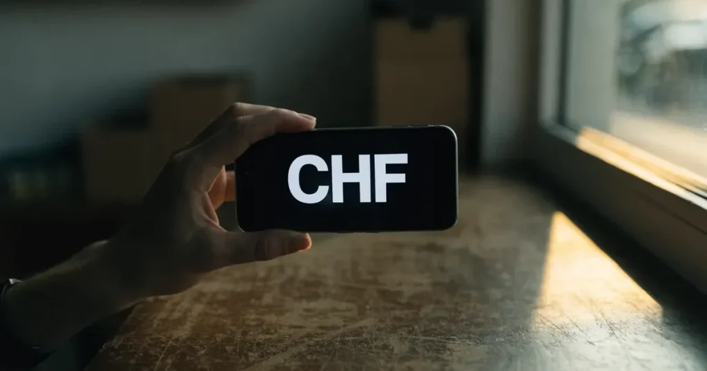 Eine Hand hält ein Smartphone mit dunklem Display knapp über eine hölzerne Ladentheke in einem kleinen Geschäft.