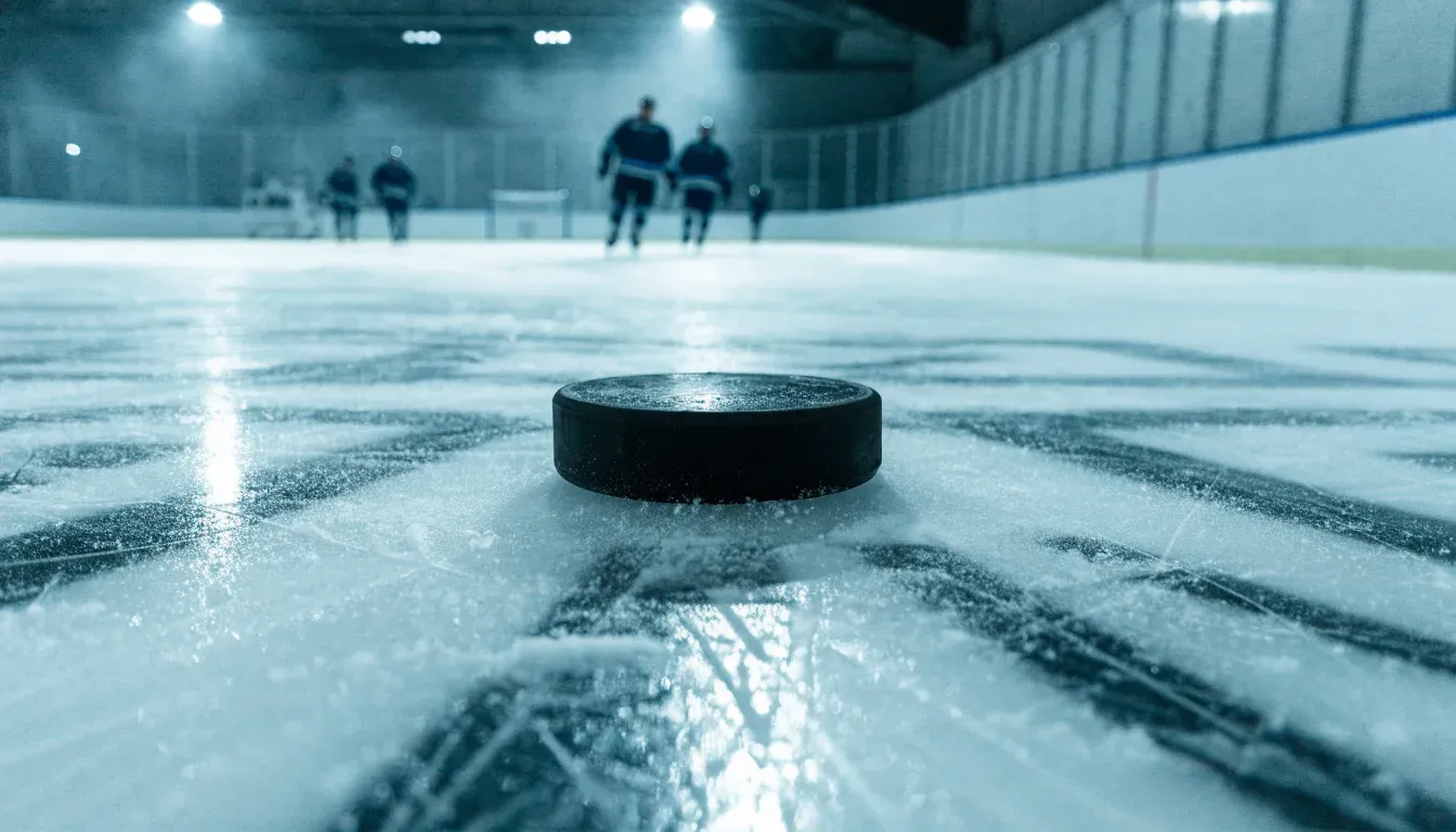 Ein Eishockeypuck liegt in Grossaufnahme auf der Eisfläche, feine Kratzer im Eis glänzen im hellen Hallenlicht.