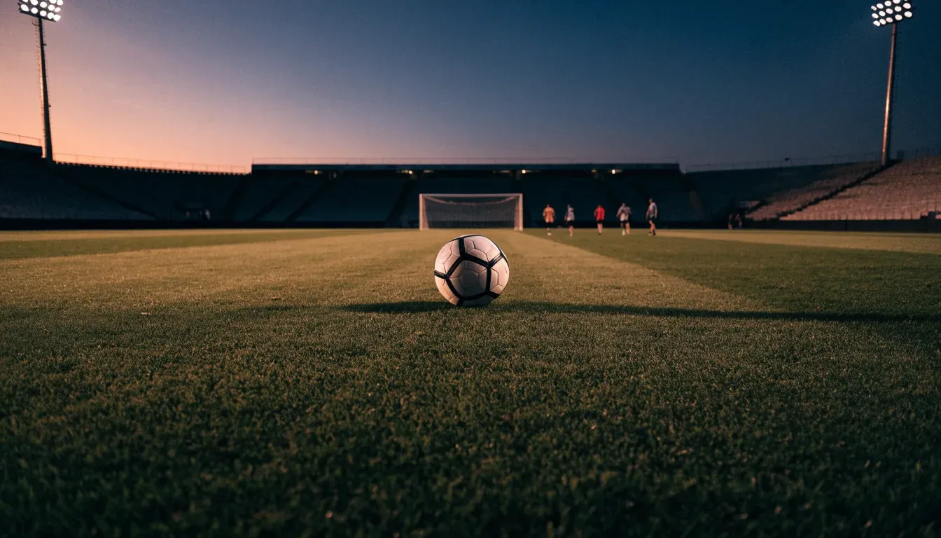 Ein Fussball liegt auf dem Mittelkreis eines leeren Rasenplatzes, dahinter ragen leere Tribünenreihen in den Abendhimmel.