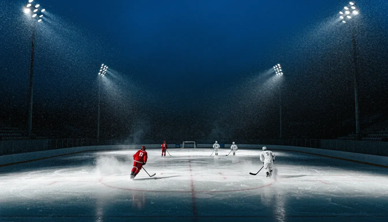 Eine Eishockeybahn liegt unter Flutlicht aus der Ferne betrachtet, leichter Schneefall treibt durch den Lichtkegel über dem Eis.