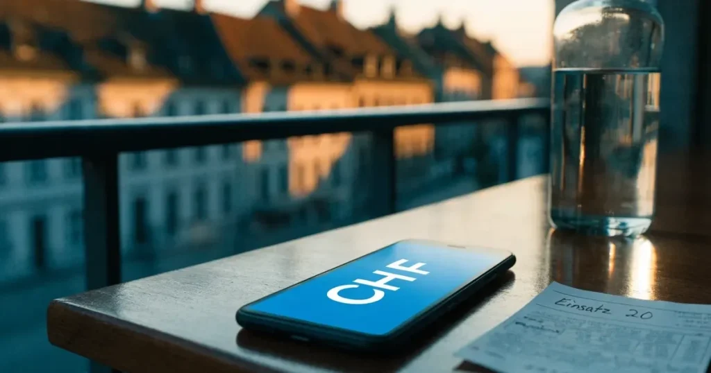 Ein Smartphone mit dunklem Display lehnt an einer Glasflasche auf einem Balkontisch, dahinter liegt eine Altstadt in der Abendsonne.