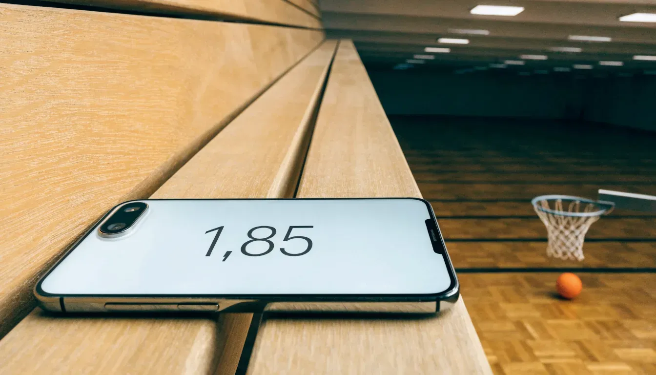 Ein Basketballkorb hängt in einer leeren Halle über einem Holzparkett, von der Decke fällt gleichmässiges Licht auf den Boden.