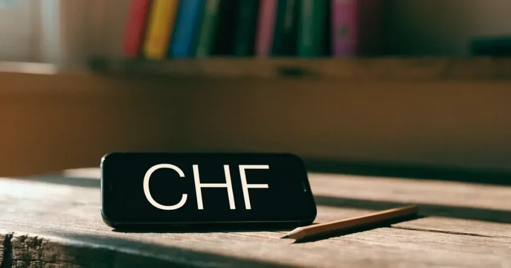 Ein kleiner Stapel Münzen liegt auf einem Holztisch neben einem Bleistift, im Hintergrund unscharf ein Regal mit Büchern.