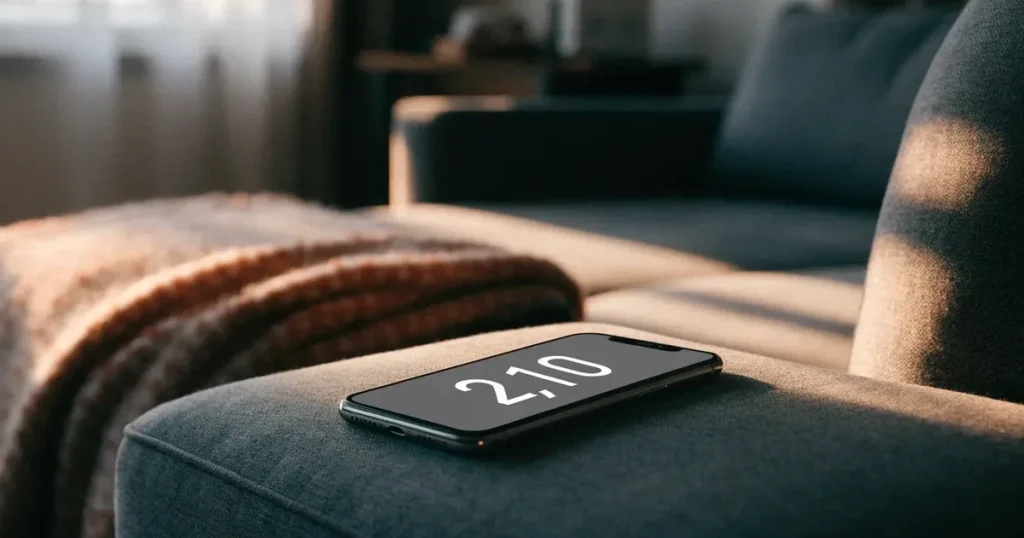 Ein Smartphone mit dunklem Display liegt auf der Lehne eines Sofas neben einer Wolldecke, warmes Abendlicht fällt ins Zimmer.