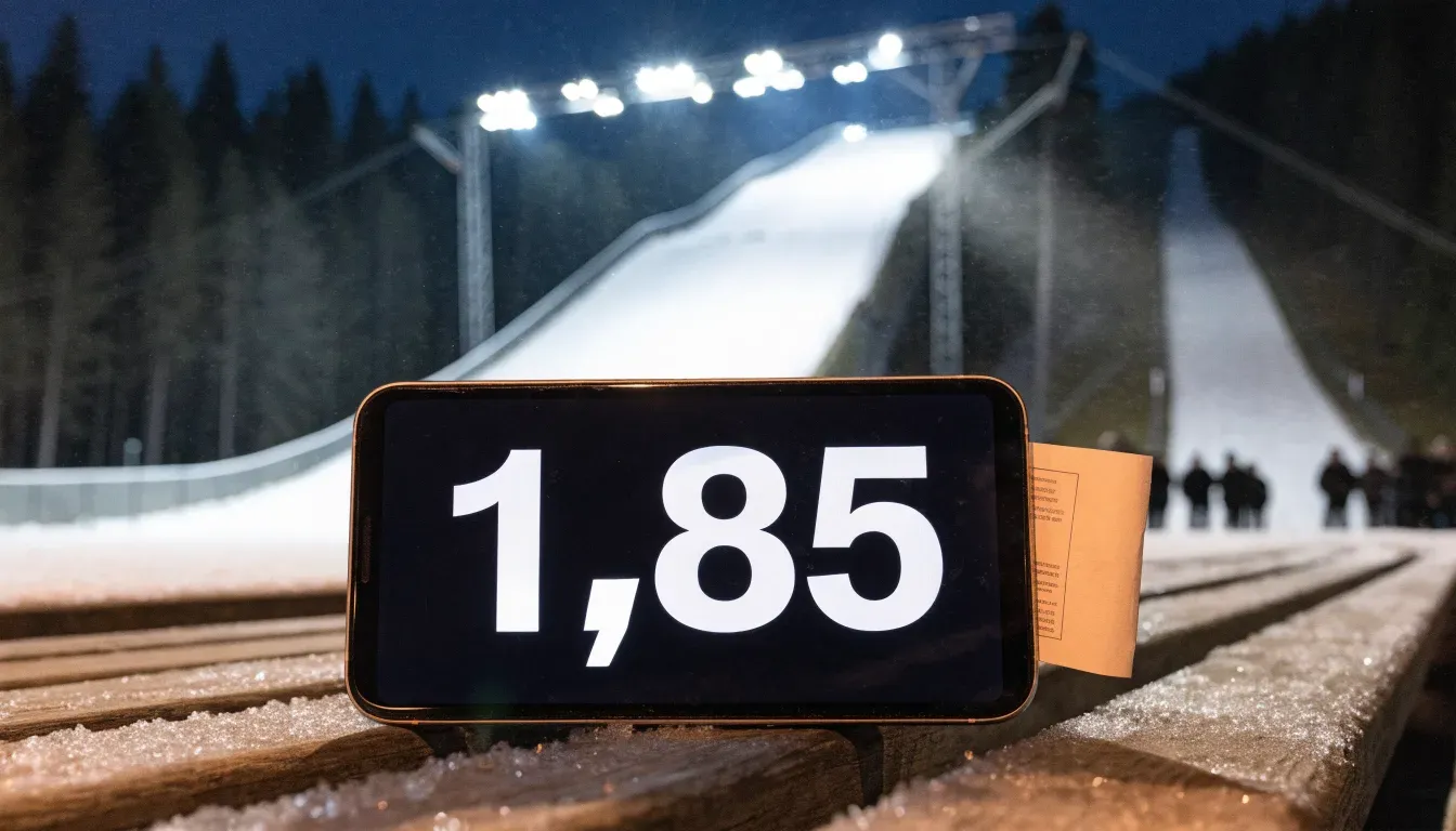Eine Skisprungschanze steht am Abend im Flutlicht, aus der Ferne betrachtet, umgeben von dunklem Tannenwald und leichtem Schnee.