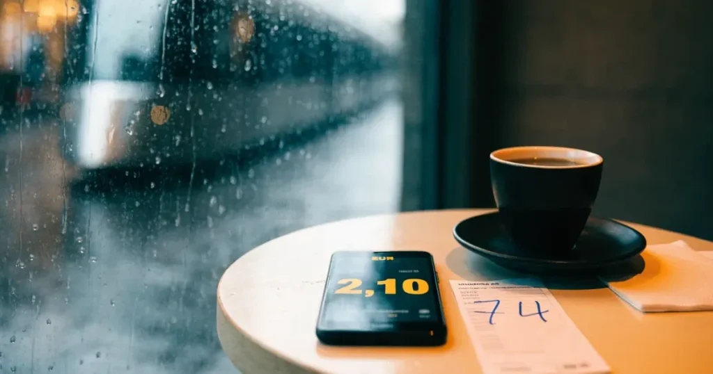 Ein Café-Tisch am Fenster trägt ein Smartphone mit dunklem Display, an der Scheibe laufen Regentropfen herunter und draussen steht eine Tram.