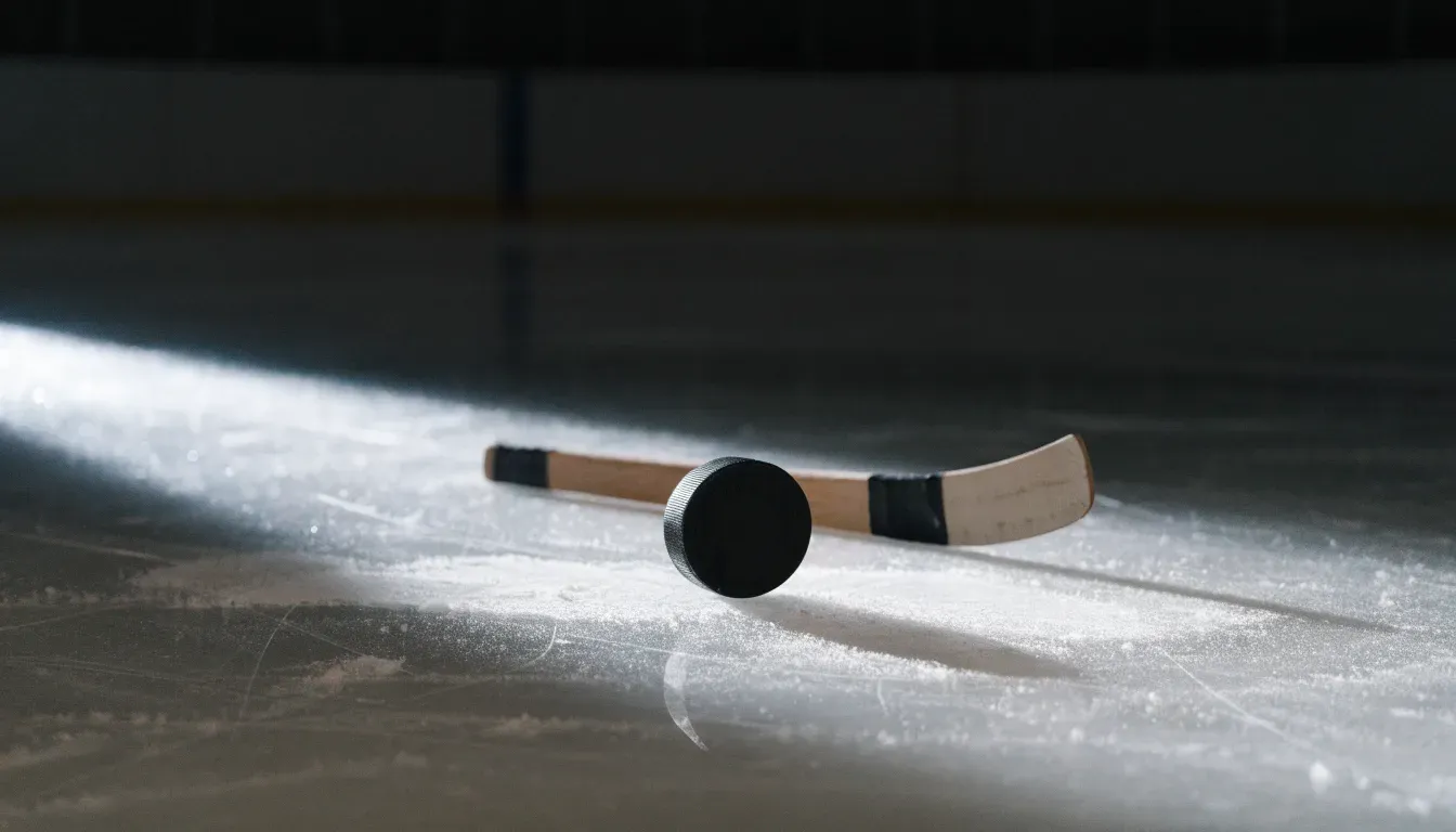 Ein Eishockeypuck liegt auf der Eisfläche neben dem Blatt eines Schlägers, die Bande dahinter ist im Dunkeln nur schwach zu erkennen.