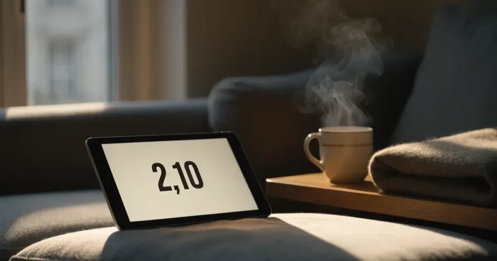 Ein Tablet mit schwarzem Display liegt auf einem Sofakissen, daneben ein Becher mit Tee, vom Fenster her fällt Abendlicht.