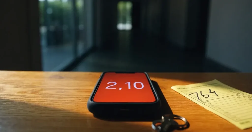 Ein Schlüsselbund und ein Smartphone mit dunklem Display liegen auf einer Holzbank in einem Hauseingang, daneben ein Regenschirm.