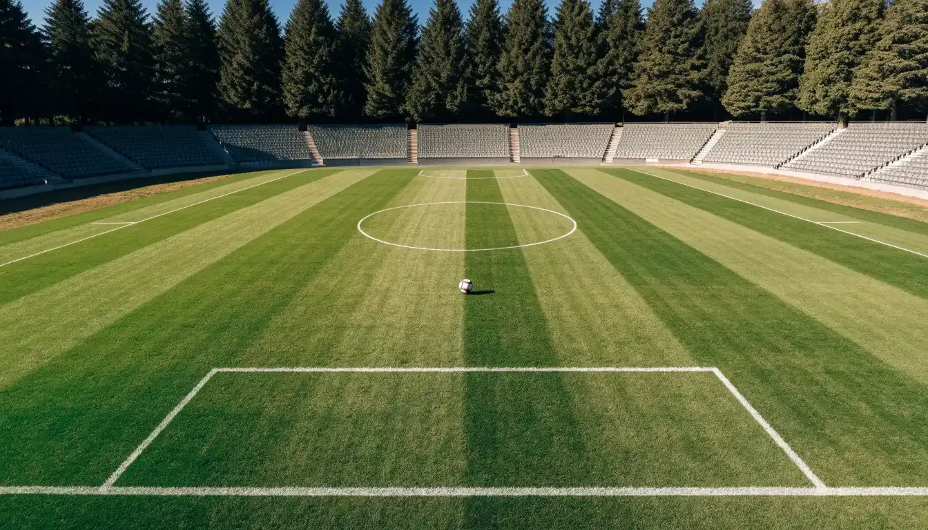 Ein Rasenplatz mit Spielfeldlinien ist von oben gesehen, ein einzelner Ball liegt in der Mitte, rundherum stehen leere Tribünen und Tannenwald.