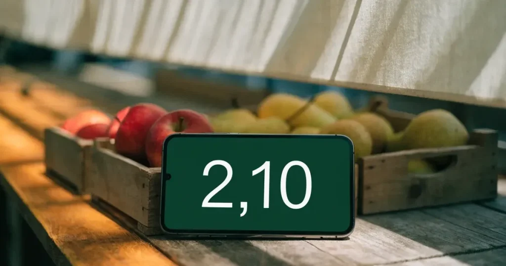 Ein Smartphone mit dunklem Display liegt auf dem Holztisch eines Marktstands zwischen Äpfeln und Birnen, morgendliches Licht fällt durch eine Plane.