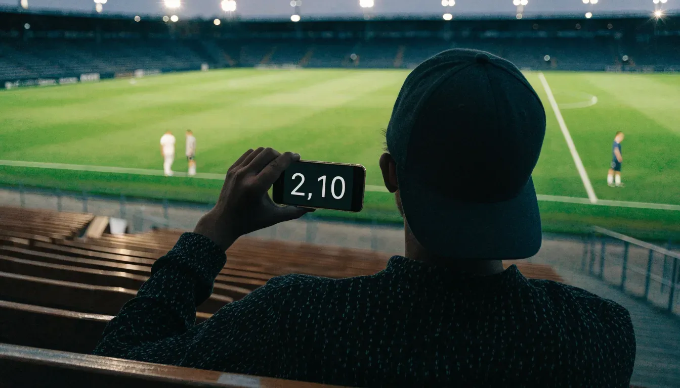 Leere Tribünenränge eines Fussballstadions in der Abenddämmerung, über dem Rasen leuchten die Flutlichter.