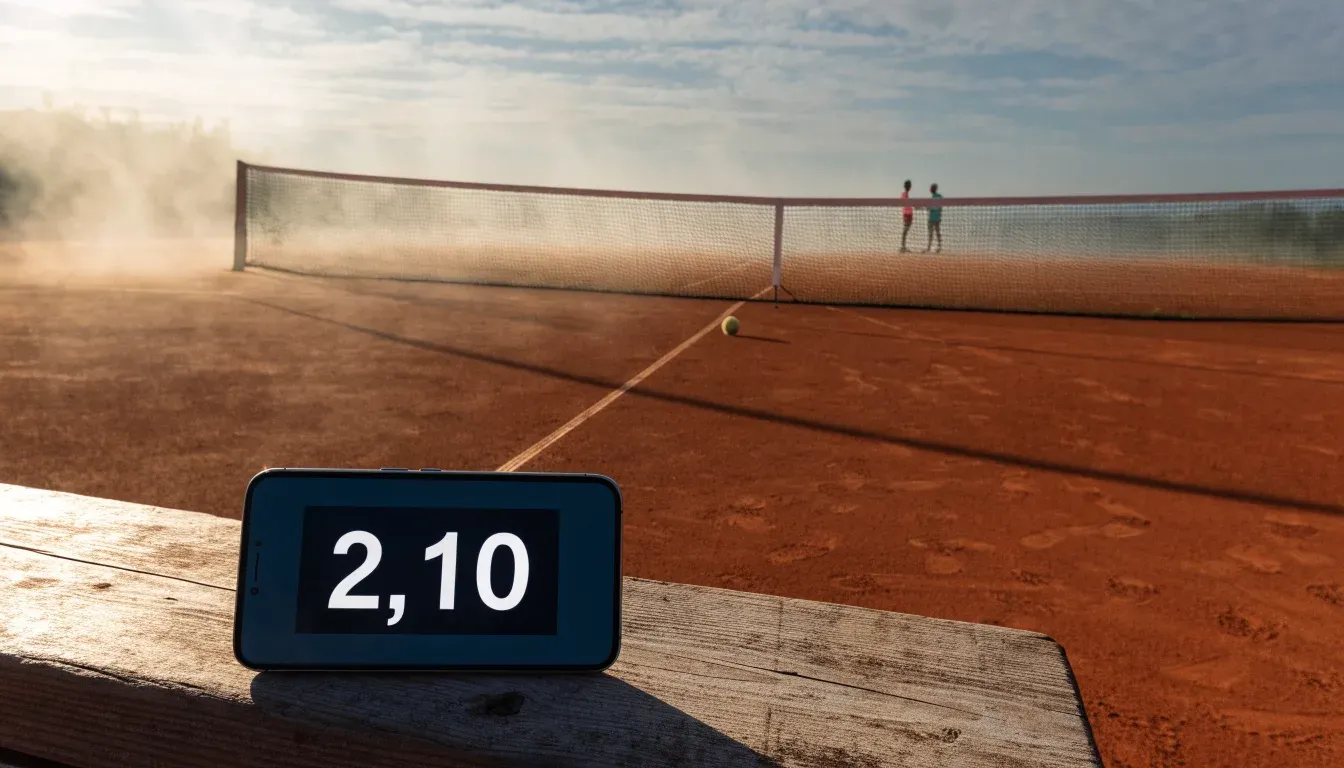 Ein Tennisplatz im Morgengrauen mit gespanntem Netz und feinem Dunst über der roten Asche.