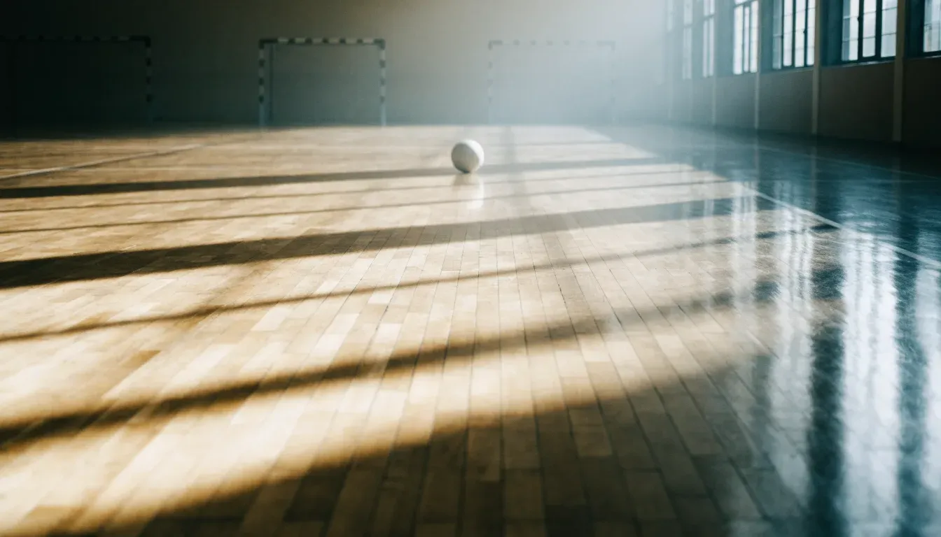 Der Boden einer Sporthalle aus poliertem Parkett mit einem einzelnen Handball in der Mitte, Licht fällt durch hohe Fenster.