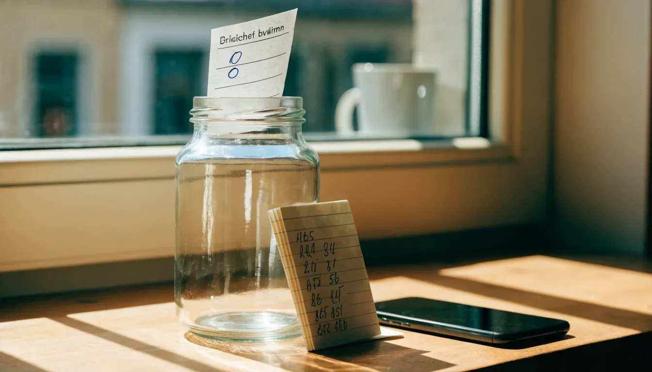 Ein Sparglas mit Münzen steht auf einer sonnigen Fensterbank in einer Küche.