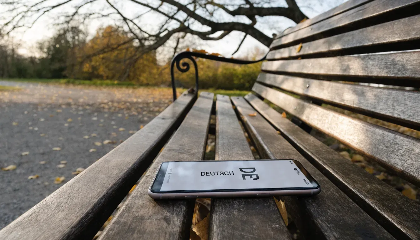 Eine Parkbank unter einer Kastanie im Herbst, auf dem Kiesweg liegen gelbe Blätter.