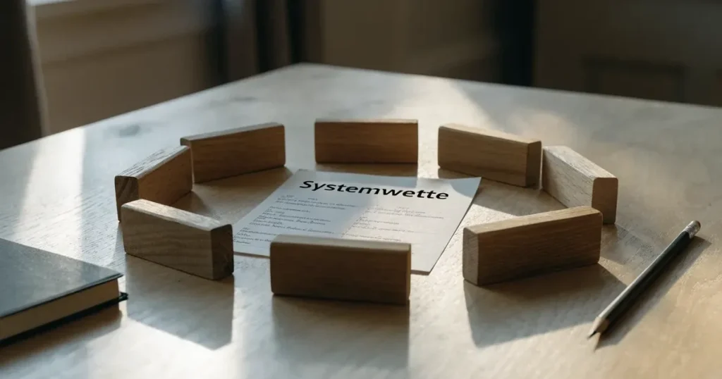 Acht gleiche Holzfiguren stehen in einem Kreis auf einem hellen Tisch im Seitenlicht.