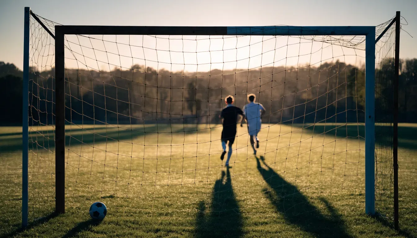 Ein Fussballtor mit locker hängendem Netz auf einem Trainingsplatz, das sich leicht im Wind bewegt.