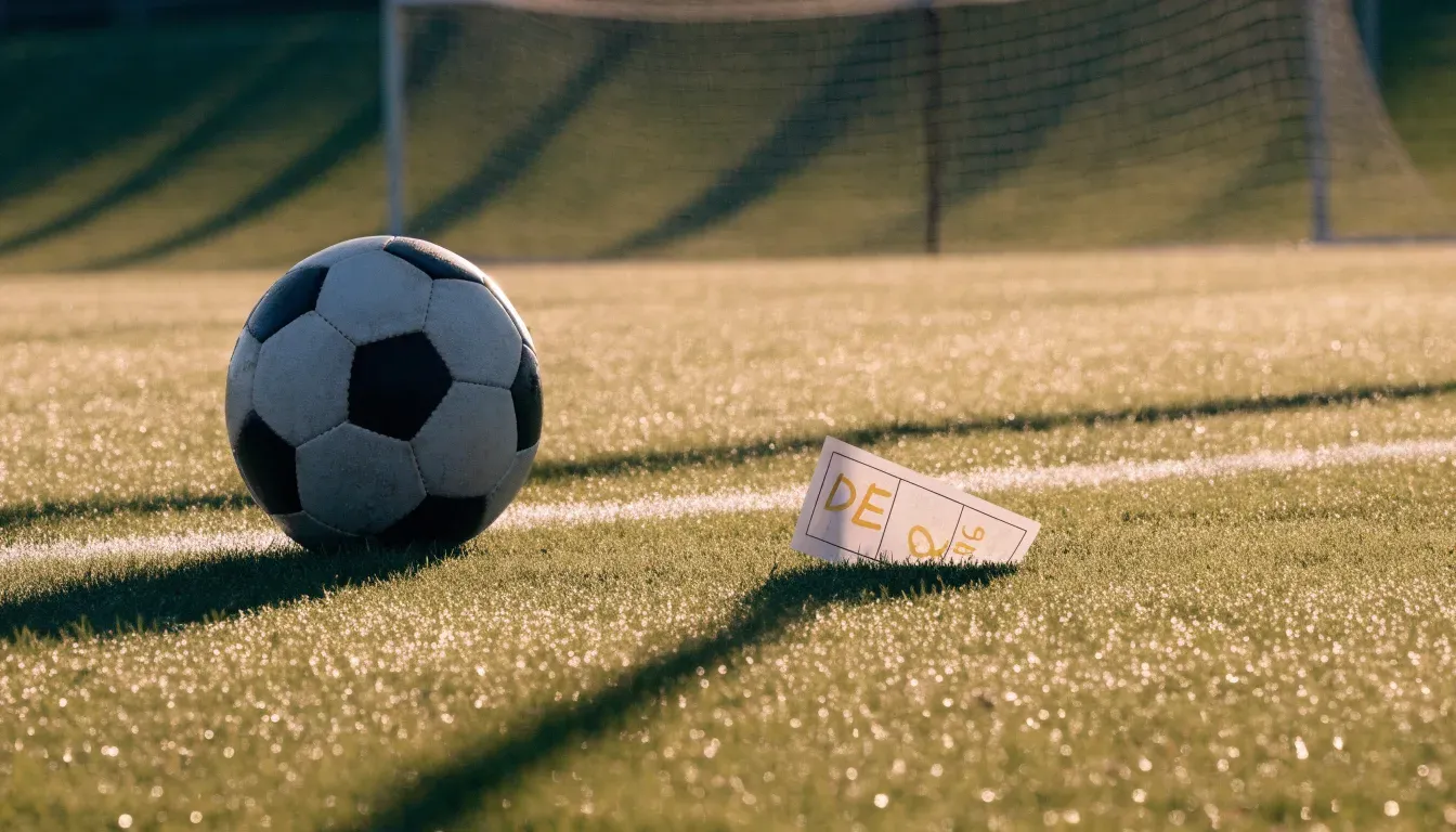 Ein Fussball ruht an der Seitenlinie im taufeuchten Gras, die ersten Sonnenstrahlen fallen schräg über den Platz.