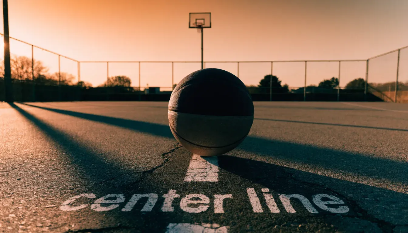 Ein Basketball liegt bei Sonnenuntergang auf einem leeren Aussenplatz, lange Schatten fallen über den Boden.